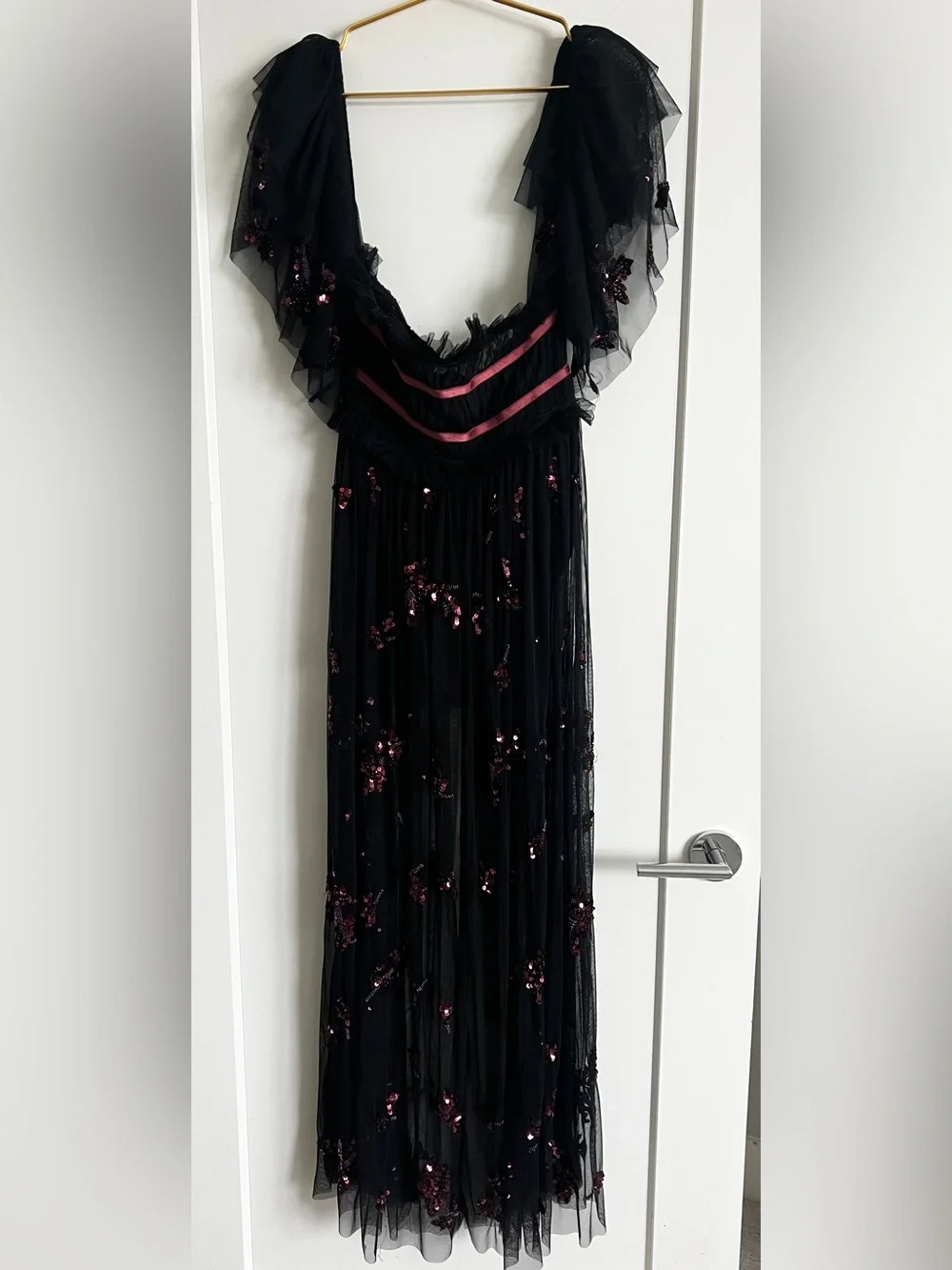 Free People Just A Dream Maxi Bodysuit Black Sequin Sheer Mesh Dress Size Small - Picture 15 of 16